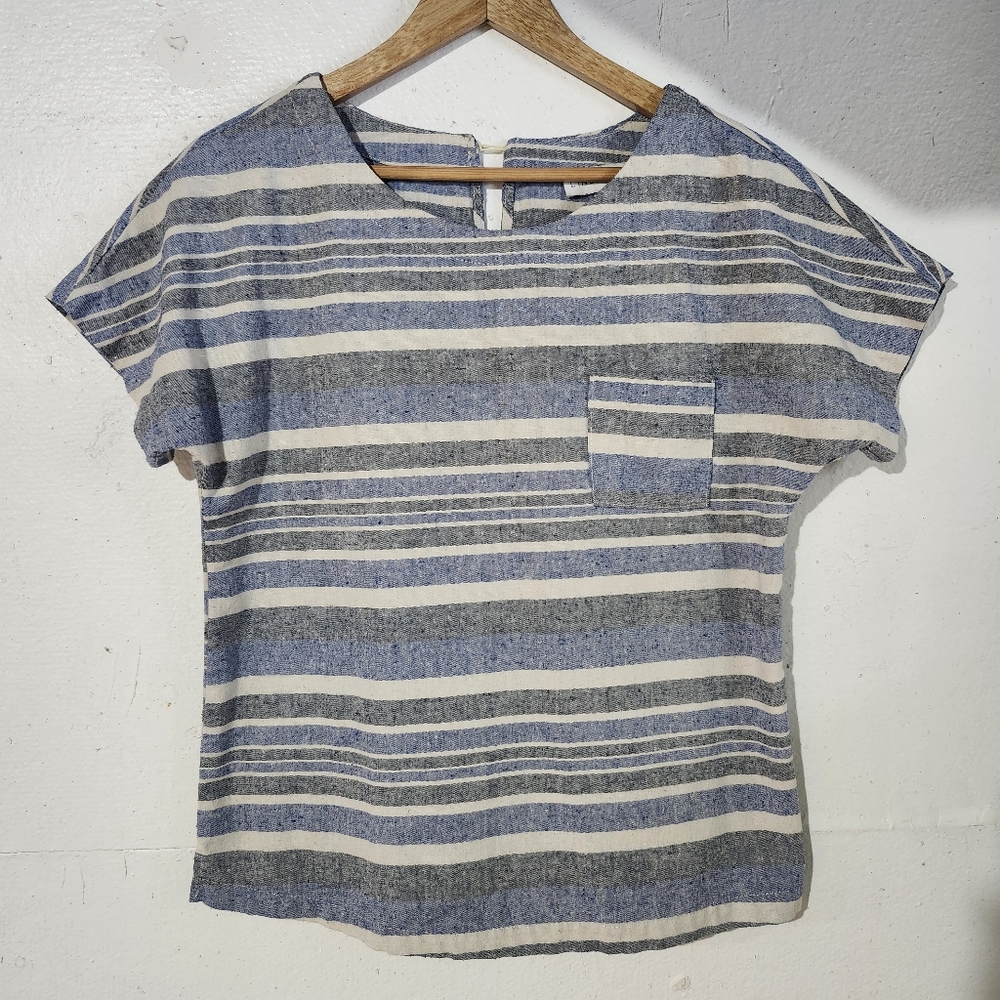 Linen‎ Lux Striped Blue, White and Gray Women's Short Sleeve Top Size XS